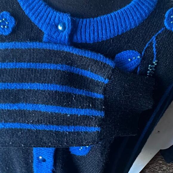 Vintage Navy Blue & Aqua Floral Cardigan Sweater – Size M - Picture 5 of 8